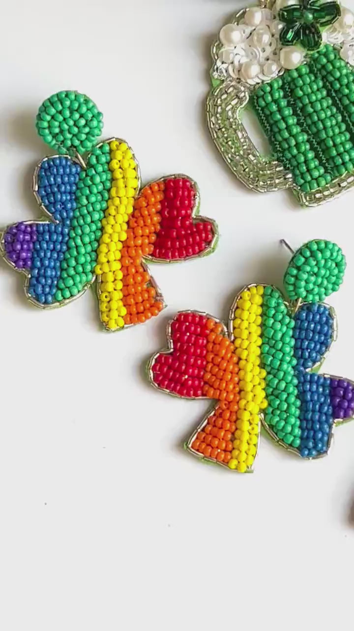 Hand Beaded Rainbow Shamrock Earrings for St. Patrick's Day, St. Patrick's Day Earrings, Rainbow Earrings, Rainbow Gift, Shamrock Gift
