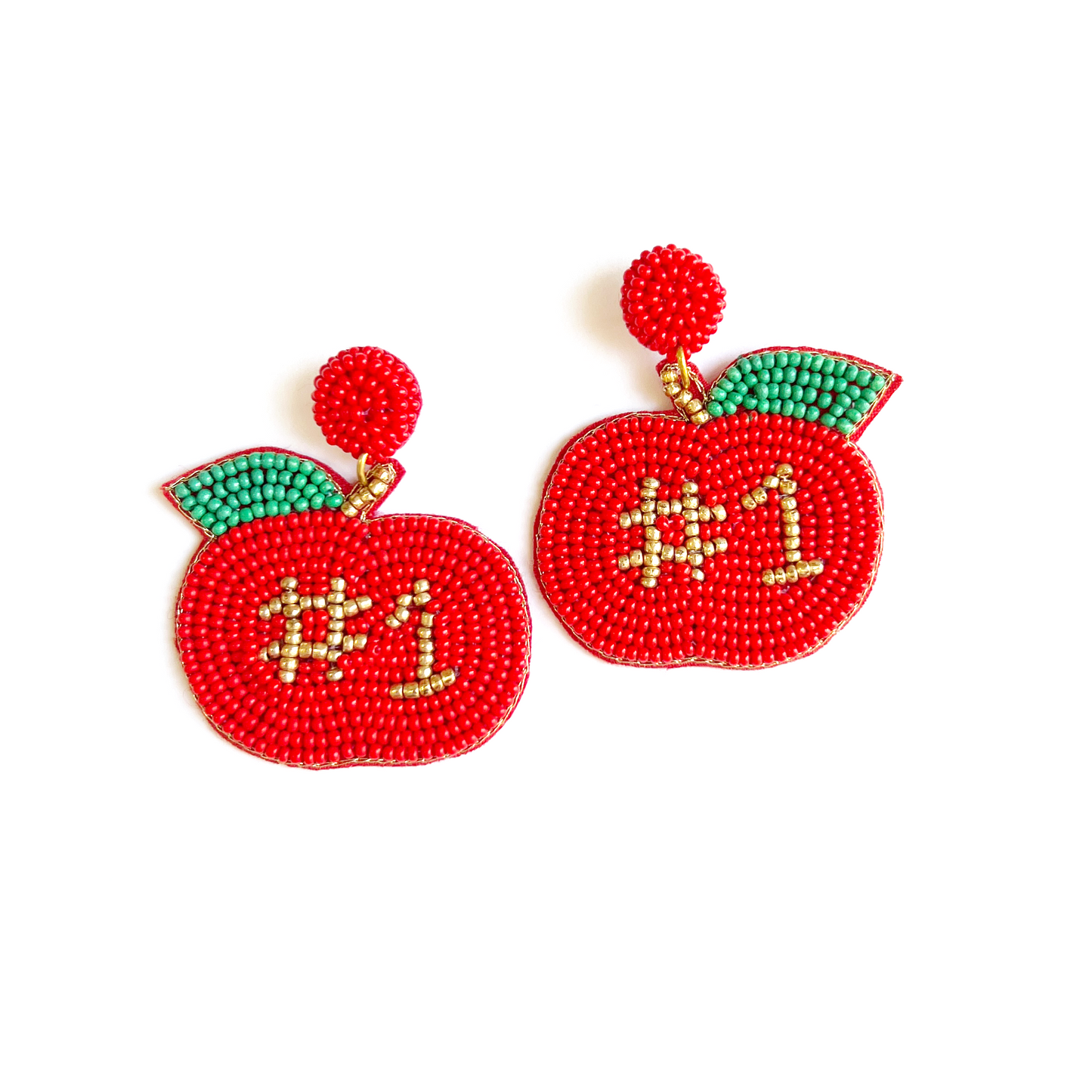 hand beaded apple earrings that say #1 to give as teacher gift